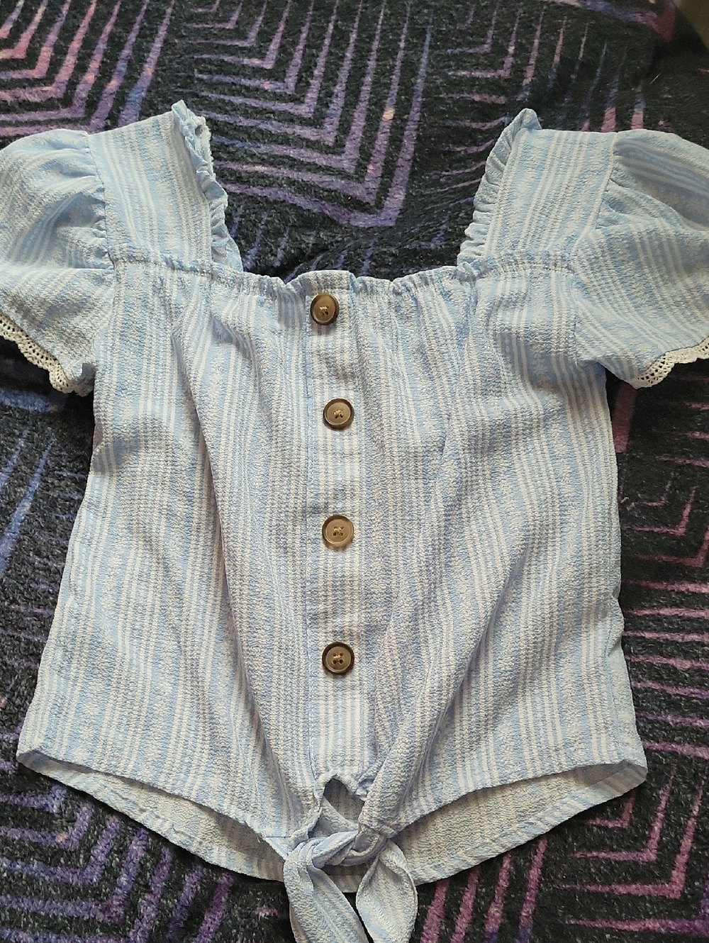 One Step Ahead Light Blue & White Striped Tie-Front Top